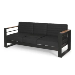 Vinia 3 Seater Outdoor Sofa, Plush Cushions, 77 Inch Black Aluminum