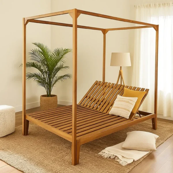 Yavi Outdoor Daybed Chaise, Adjustable Back, Brown Acacia Wood 79 Inch