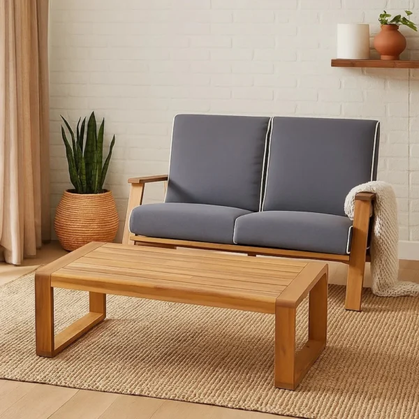 BM335215_5 Eddy 2pc Patio Loveseat and Coffee Table Set, Brown Acacia Wood, Gray