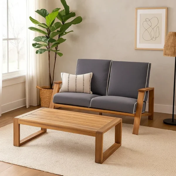 BM335215_6 Eddy 2pc Patio Loveseat and Coffee Table Set, Brown Acacia Wood, Gray