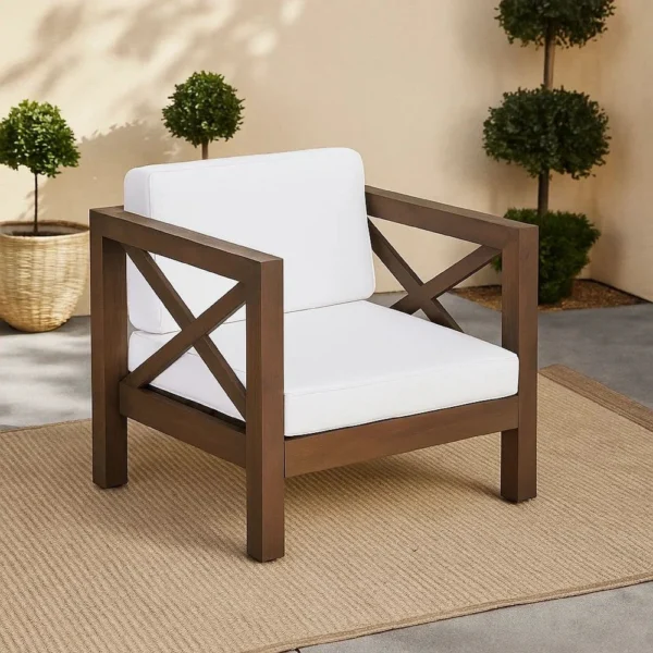 Bea Outdoor Club Chair, White Cushions, X Back Design Weathered Gray