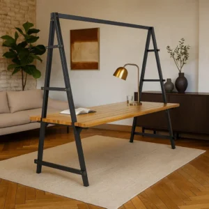 BM335254_5 Jo Outdoor Pergola Table, Black Metal Frame, Slatted Teak Brown Wood