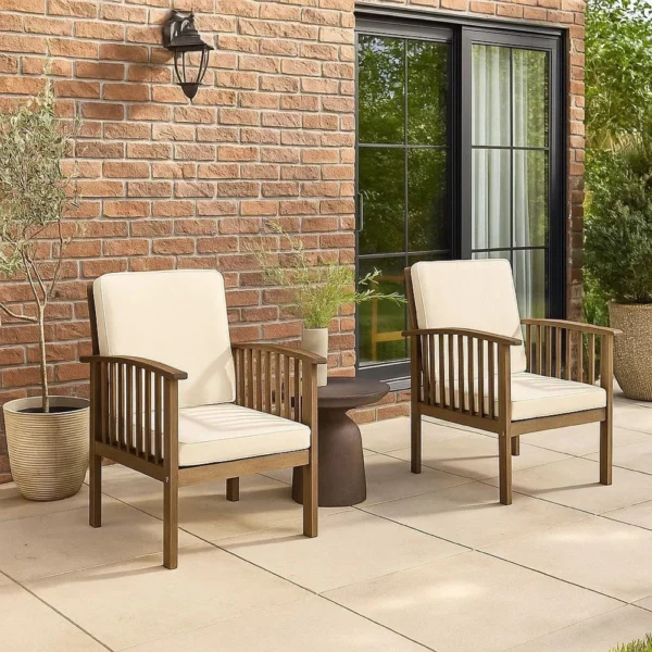 BM335257_5 Gerry Outdoor Club Chair Set of 2, Cream Cushions, Slatted Dark Brown