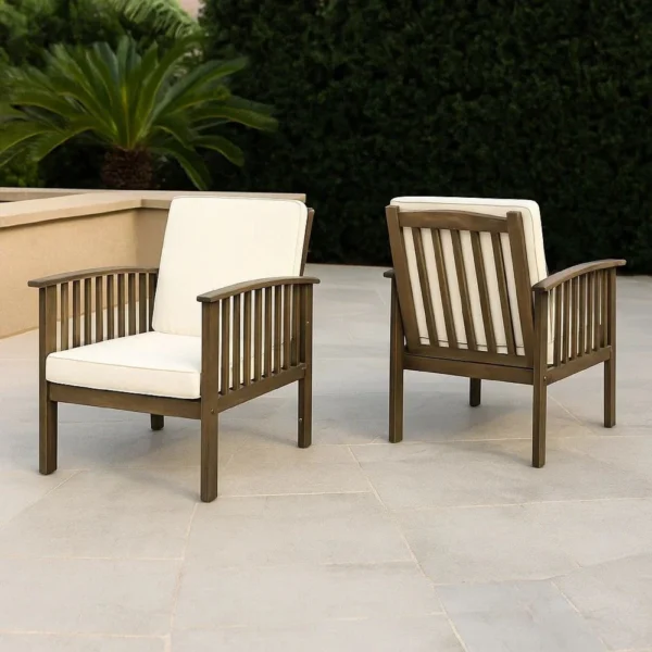 BM335257_6 Gerry Outdoor Club Chair Set of 2, Cream Cushions, Slatted Dark Brown