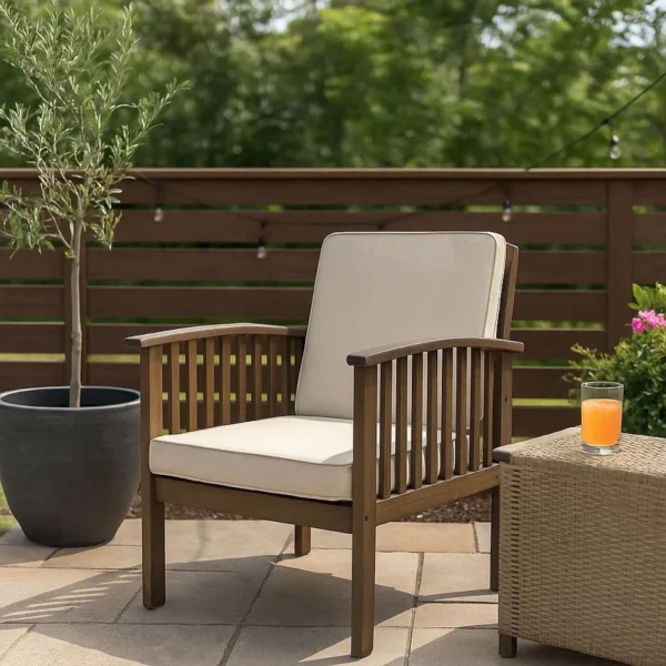 BM335257_8 Gerry Outdoor Club Chair Set of 2, Cream Cushions, Slatted Dark Brown