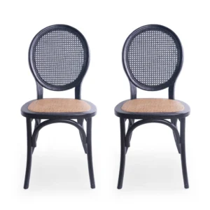 Dining Chair Set of 2, Matte Black Rattan Woven Back and Brown Seat