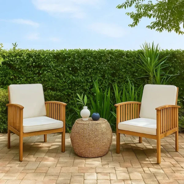 BM335262_5 Gerry Outdoor Club Chairs Set of 2, Cream Fabric, Slatted Light Brown