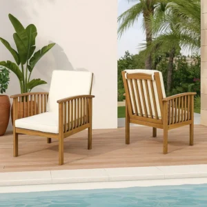 BM335262_7 Gerry Outdoor Club Chairs Set of 2, Cream Fabric, Slatted Light Brown