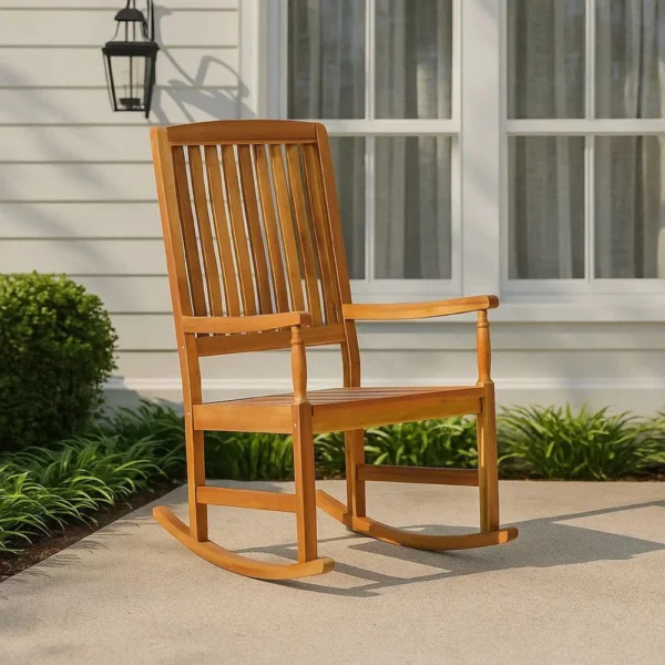 BM335268_5 Fred Outdoor Rocking Chair, Slatted Back Design, Brown Acacia Wood
