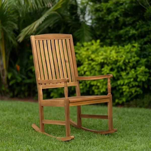 BM335268_6 Fred Outdoor Rocking Chair, Slatted Back Design, Brown Acacia Wood