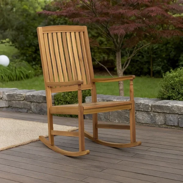 BM335268_7 Fred Outdoor Rocking Chair, Slatted Back Design, Brown Acacia Wood