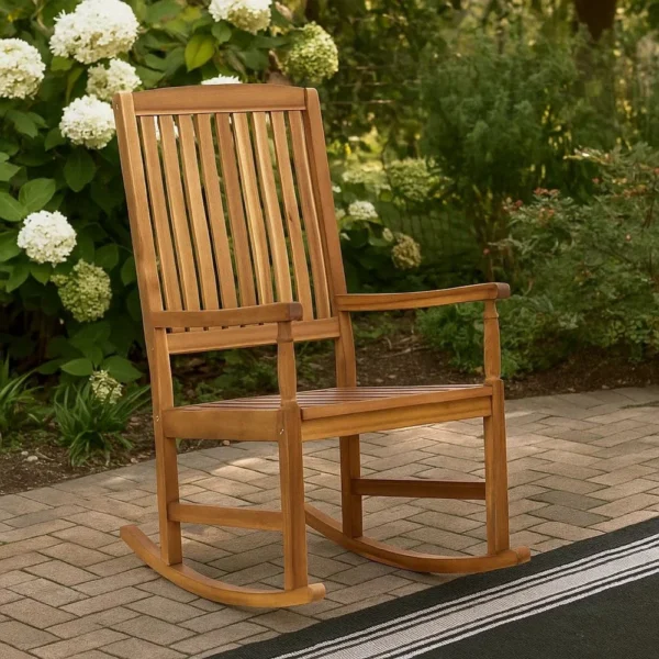 BM335268_8 Fred Outdoor Rocking Chair, Slatted Back Design, Brown Acacia Wood
