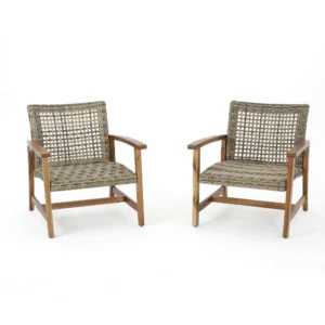Bops Outdoor Accent Club Chair Set of 2, Brown Acacia Wood Gray Wicker