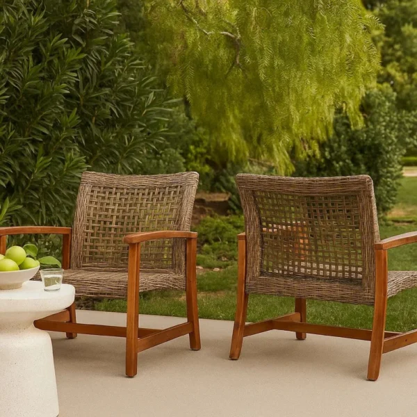 BM335270_8 Bops Outdoor Accent Club Chair Set of 2, Brown Acacia Wood Gray Wicker