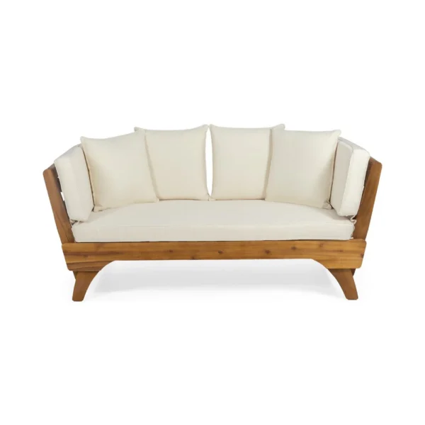 Flex Outdoor Daybed, Brown Wood, 65 Inch, Ivory Polyester Cushions