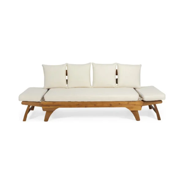Flex Outdoor Daybed, Brown Wood, 65 Inch, Ivory Polyester Cushions