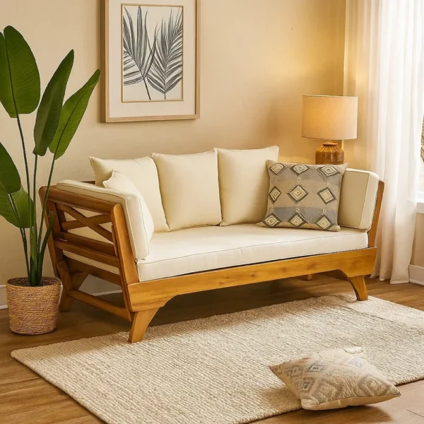 Flex Outdoor Daybed, Brown Wood, 65 Inch, Ivory Polyester Cushions