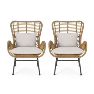 Margo Outdoor Accent Chair, Brown Woven Rattan, Beige, Black Metal