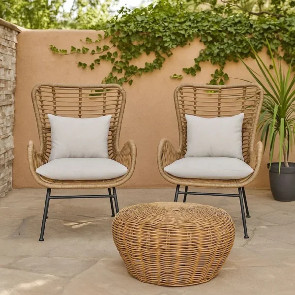 BM335276_5 Margo Outdoor Accent Chair, Brown Woven Rattan, Beige, Black Metal