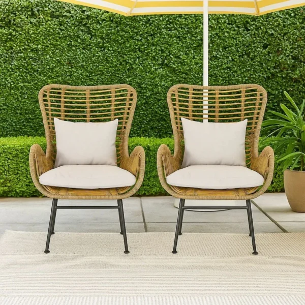 BM335276_6 Margo Outdoor Accent Chair, Brown Woven Rattan, Beige, Black Metal