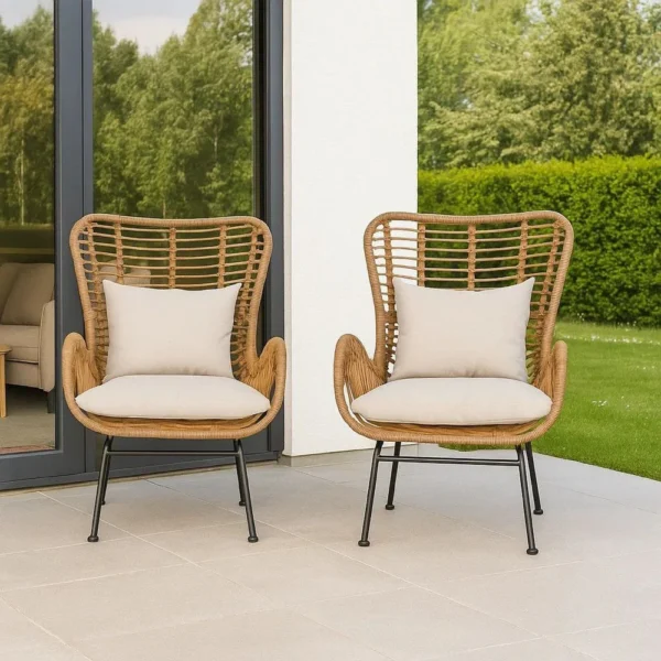 BM335276_7 Margo Outdoor Accent Chair, Brown Woven Rattan, Beige, Black Metal