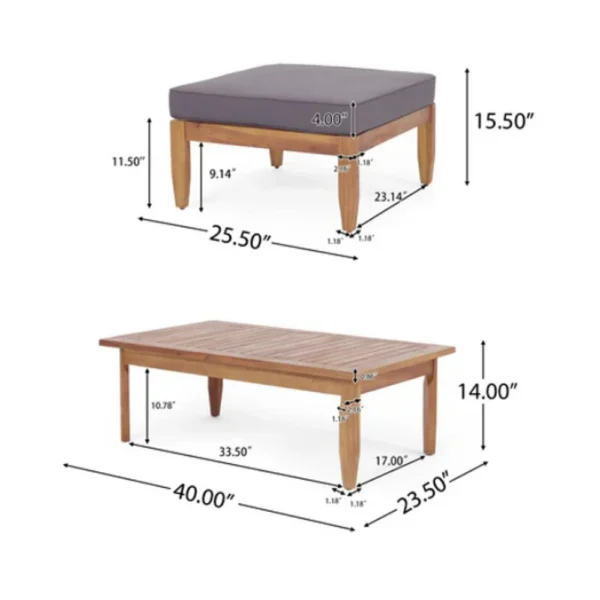 Gail Outdoor Ottoman and Coffee Table Set, Brown Acacia Wood, Gray