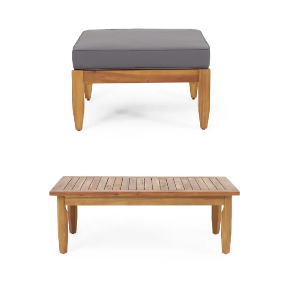 Gail Outdoor Ottoman and Coffee Table Set, Brown Acacia Wood, Gray