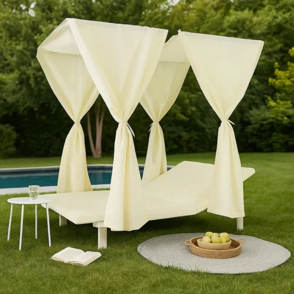 Yavi Outdoor Daybed Curtain and Cushion Set, Cream Waterproof Fabric