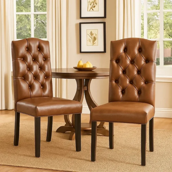 BM335304_5 Elona Dining Chair Set of 2, Crown Top, Brown Tufted Faux Leather