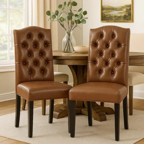 BM335304_6 Elona Dining Chair Set of 2, Crown Top, Brown Tufted Faux Leather