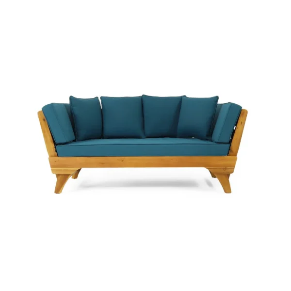 Flex Outdoor Daybed, 65 Inch Teak Brown Acacia Wood, Blue Cushions