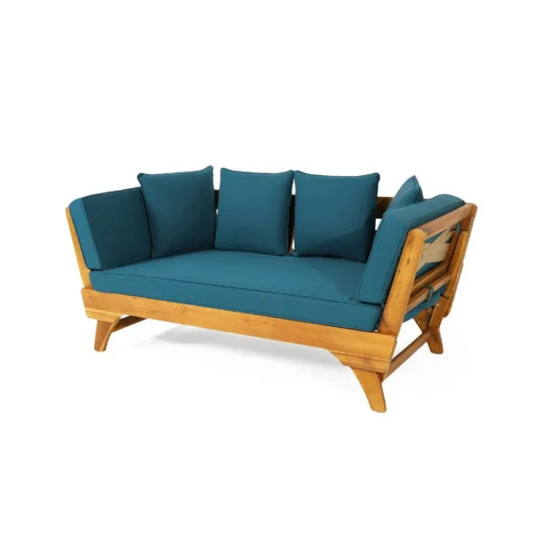 Flex Outdoor Daybed, 65 Inch Teak Brown Acacia Wood, Blue Cushions