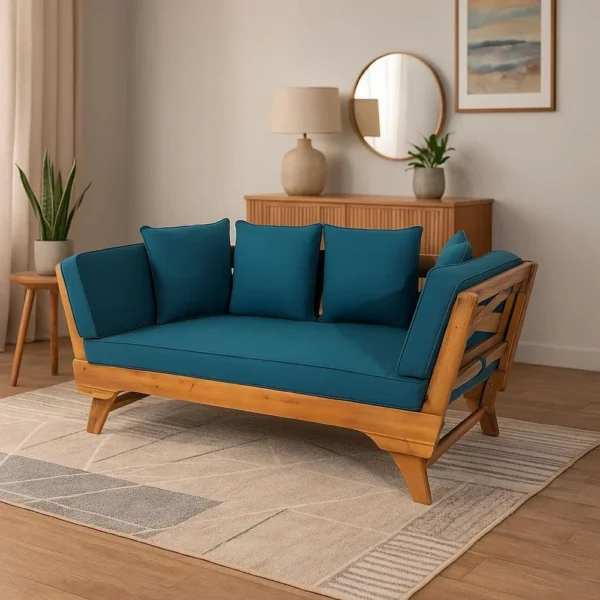 Flex Outdoor Daybed, 65 Inch Teak Brown Acacia Wood, Blue Cushions