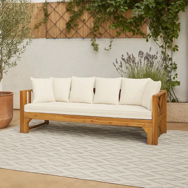 BM335327_5 Outdoor Daybed Sofa, 79 Inch, Brown Acacia Wood Frame, Cream Cushions