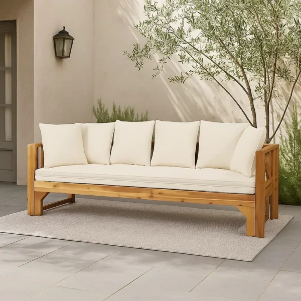 BM335327_6 Outdoor Daybed Sofa, 79 Inch, Brown Acacia Wood Frame, Cream Cushions