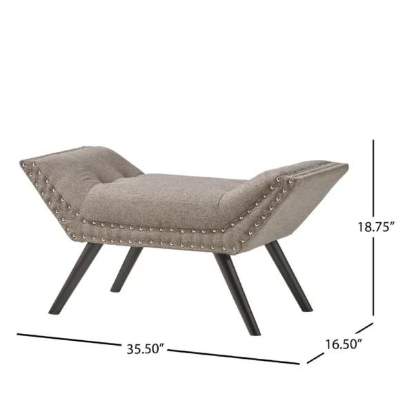Vibe Ottoman Bench, Tufted Gray Fabric, 36 Inch, Nailhead Trim