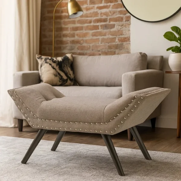 Vibe Ottoman Bench, Tufted Gray Fabric, 36 Inch, Nailhead Trim
