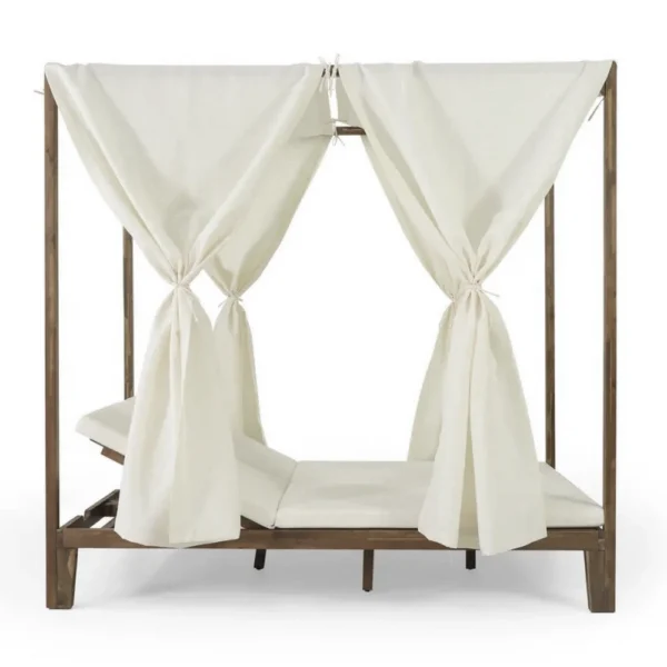 Yavi Outdoor Daybed, Brown Wood, Cream Waterproof Fabric, 79 Inch