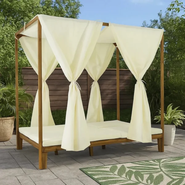 Yavi Outdoor Daybed, Brown Wood, Cream Waterproof Fabric, 79 Inch