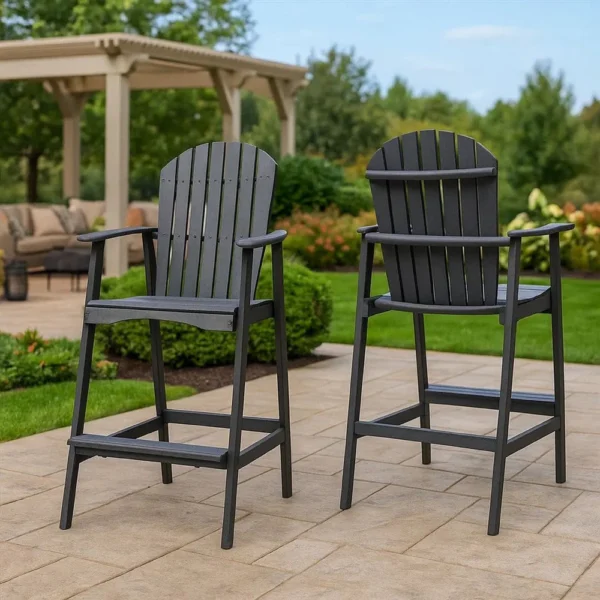 BM335374_5 Outdoor Barstool Chair Set of 2, Rustic Slatted Back, Dark Gray Wood