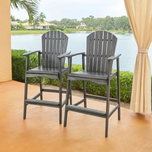 BM335374_6 Outdoor Barstool Chair Set of 2, Rustic Slatted Back, Dark Gray Wood