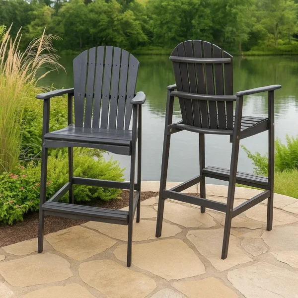 BM335374_8 Outdoor Barstool Chair Set of 2, Rustic Slatted Back, Dark Gray Wood