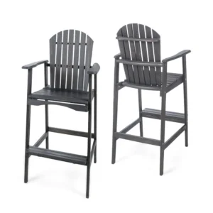 Outdoor Barstool Chair Set of 2, Rustic Slatted Back, Dark Gray Wood