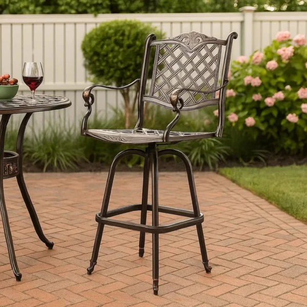 BM335381_5 Outdoor Swivel Bar Height Chair, Ornate Bronze Aluminum Flared Base