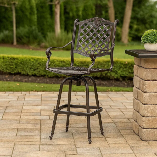 BM335381_6 Outdoor Swivel Bar Height Chair, Ornate Bronze Aluminum Flared Base