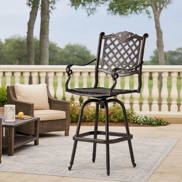 BM335381_7 Outdoor Swivel Bar Height Chair, Ornate Bronze Aluminum Flared Base