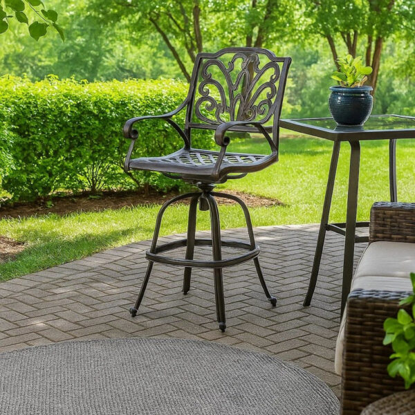 BM335381_8 Outdoor Swivel Bar Height Chair, Ornate Bronze Aluminum Flared Base