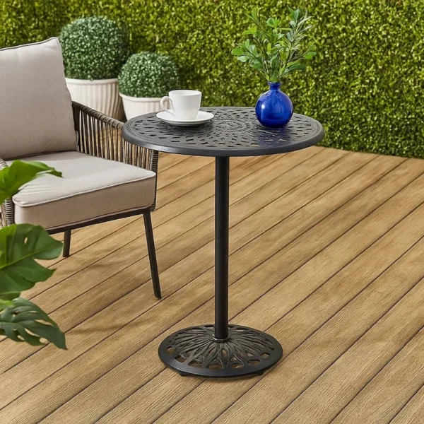 BM335385_5 Outdoor Bar Table, 35 Inch Round Carved Top, Antique Bronze Aluminum