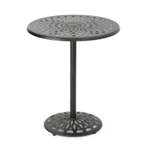Outdoor Bar Table, 35 Inch Round Carved Top, Antique Bronze Aluminum