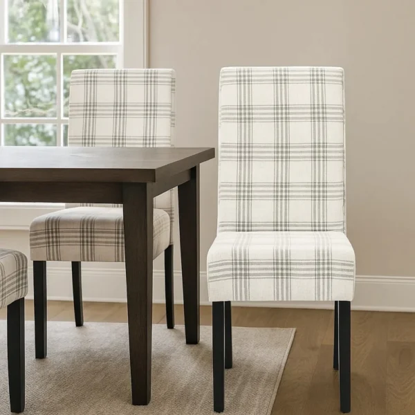 Cini Dining Side Chair Set of 2, Gray Plaid Fabric, Black Wood Legs